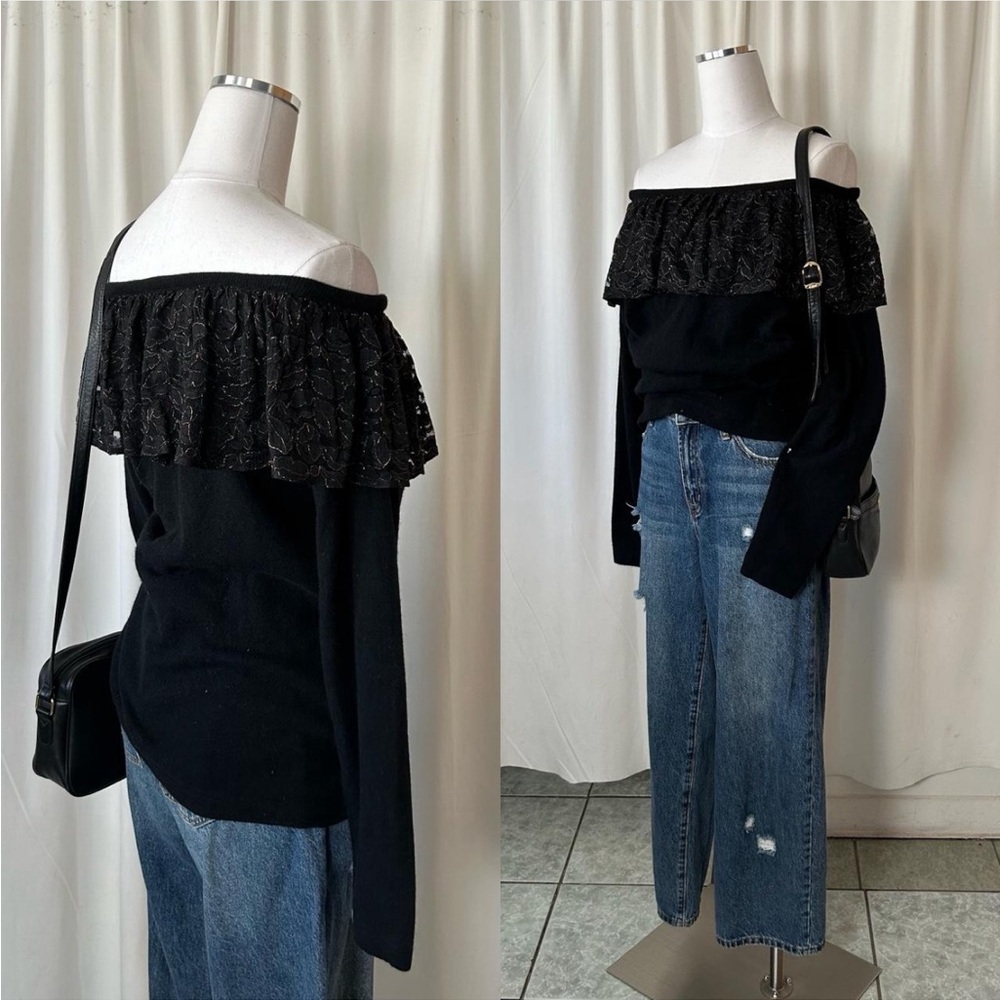 Vintage 1980s Outlander Off-the-shoulder  Wool Sweater with lace Black M - Picture 2 of 8